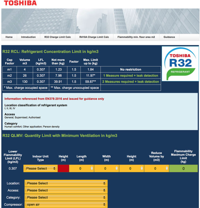 Toshiba, air conditioning, R32, online tool, EN 378, EN378, flammable, ventilation    